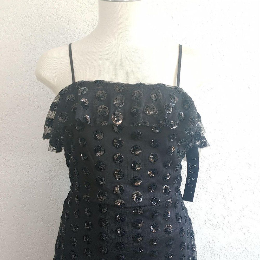 NWT Trixxi Black Sequin Polka Dot Flounce Mini Party Dress Junior 1 Y2K Glam - Picture 3 of 8